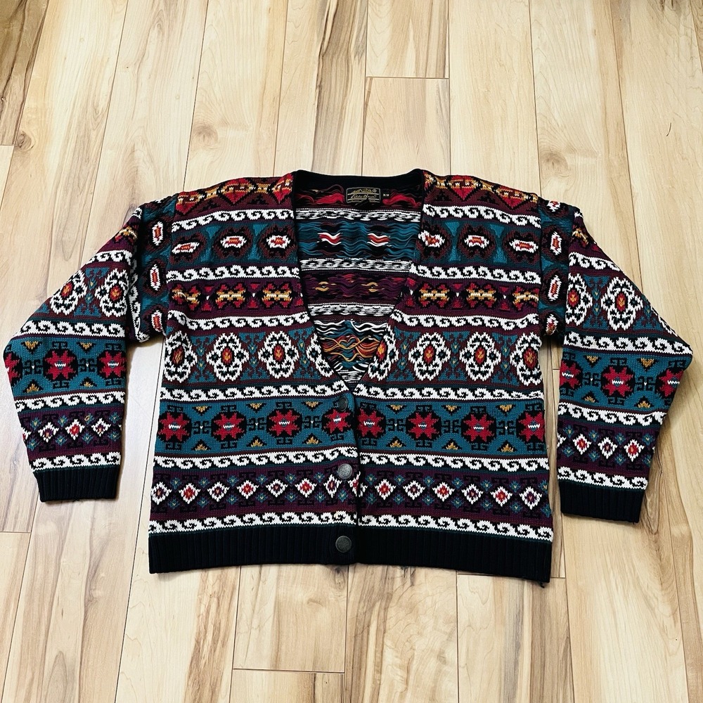 VTG 90s Eddie Bauer 100% Cotton Knit Geometric Aztec Cardigan Sweater SZ M